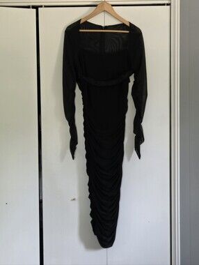 Club London Black Long Sleeve Ruched Sheer Yoke Midi Dress